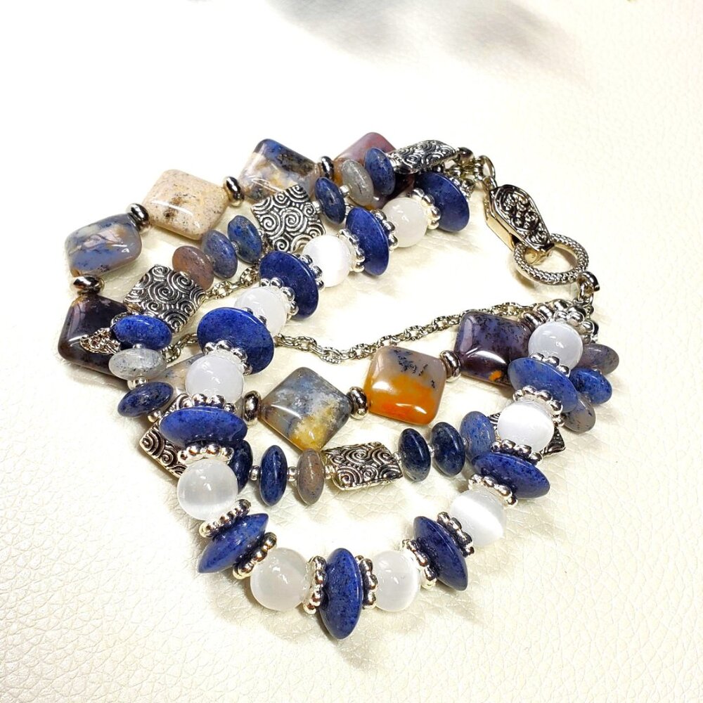 Three Layer Blue Gemstone Bracelet Statement Clus… - image 1